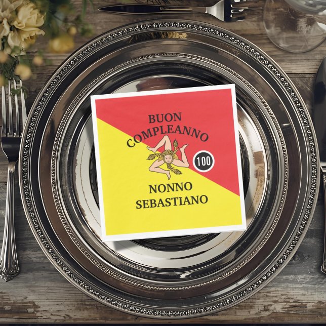 Guardanapo De Papel Flag of Sicily Buon Compleanno or Anniversario  (Flag of Sicily Napkin with Custom Wording and number for birthday or anniversary)