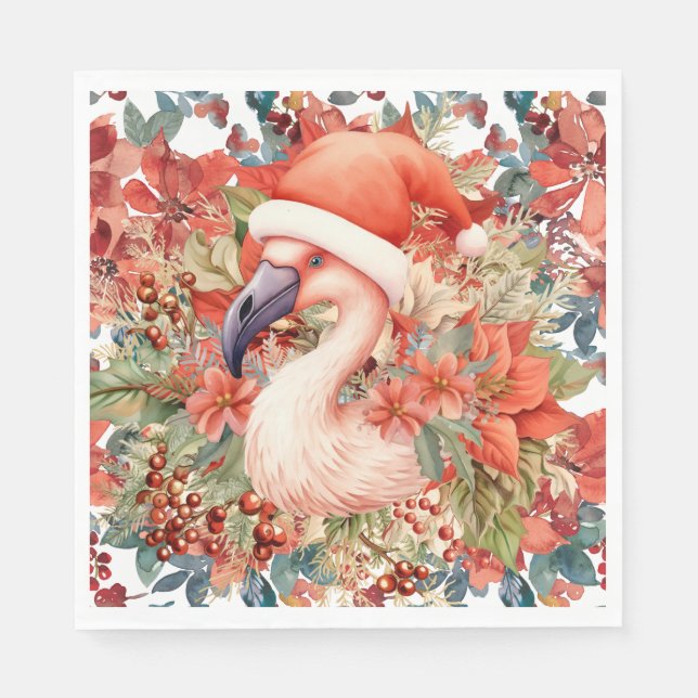 Guardanapo De Papel Flamingo Christmas com Santa Hat e Poinsettia (Frente)