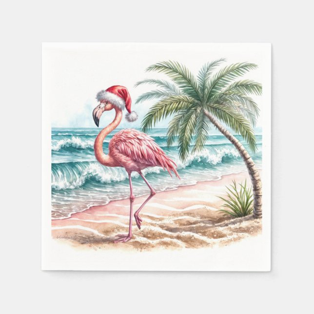 Guardanapo De Papel Flamingo de Natal em uma praia (Frente)