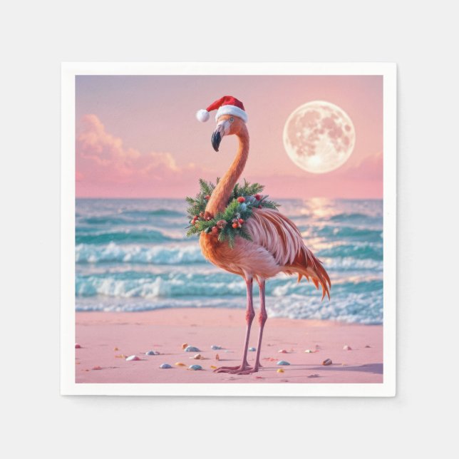 Guardanapo De Papel Flamingo De Natal Na Praia Rosa (Frente)