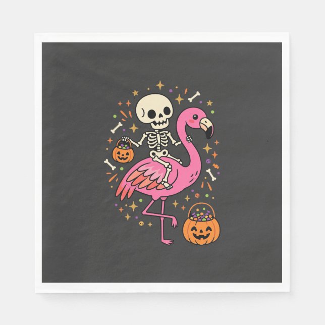 Guardanapo De Papel Flamingo Esqueleto Halloween Balde De Doces Vetor  (Frente)