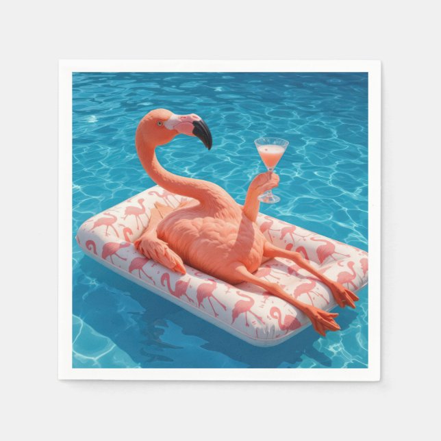 Guardanapo De Papel Flamingo Floating With a Cocktail In a Pool (Frente)