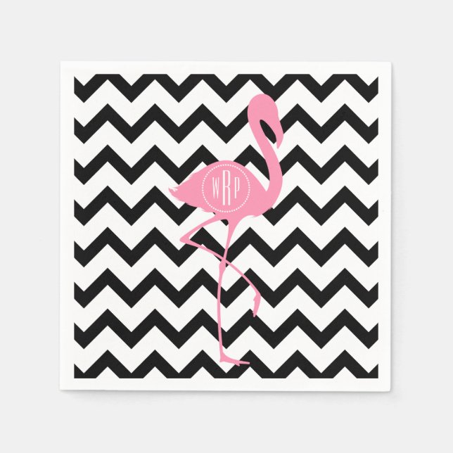 Guardanapo De Papel Flamingo Rosa Monograma + Chevron Negro (Frente)