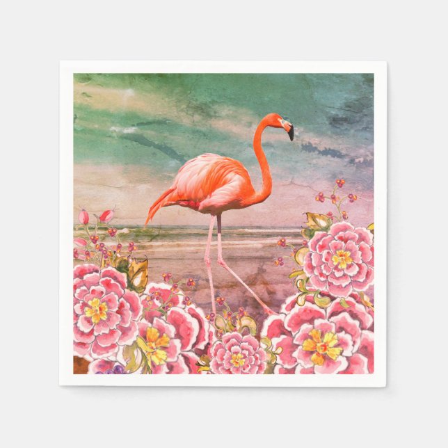 Guardanapo De Papel Flamingo Tropical na Praia e Flores Rosa Oriental (Frente)