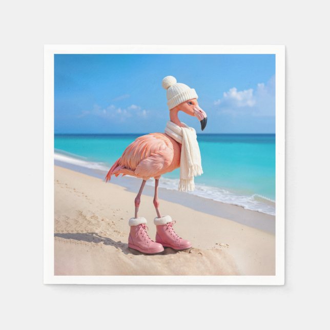 Guardanapo De Papel Flamingo Usando Cachecol e Chapéu de Inverno (Frente)