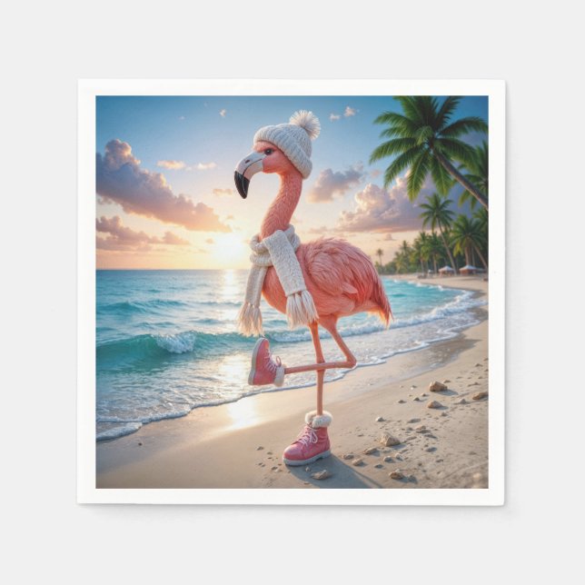 Guardanapo De Papel Flamingo Vestindo Botas de Inverno e Cachecol (Frente)