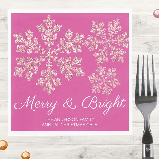Guardanapo De Papel Floco de neve Berry Bling Festa de Natal Mínima (Personalize these dark pink and faux glitter paper luncheon napkins with your name or event)