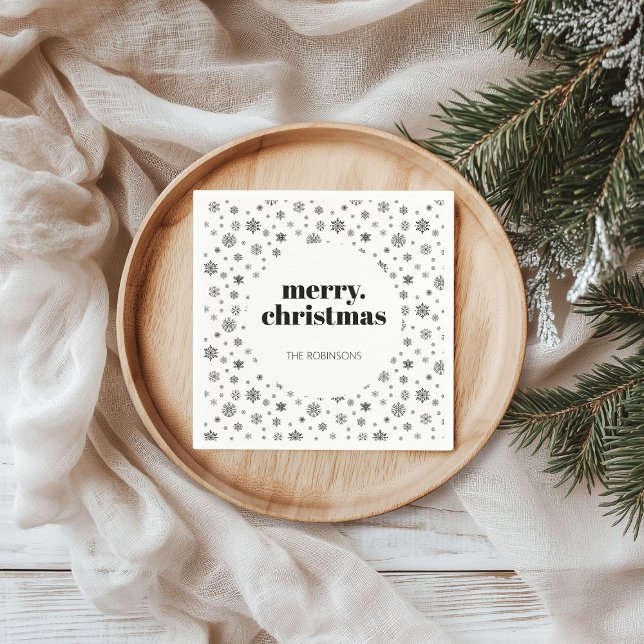 Guardanapo De Papel Floco de neve de Natal moderno, preto e branco (Christmas holiday snowflake pattern napkin)