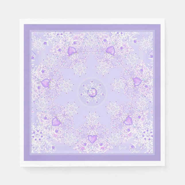 Guardanapo De Papel floco de neve roxo leve e coração brilhando (Frente)