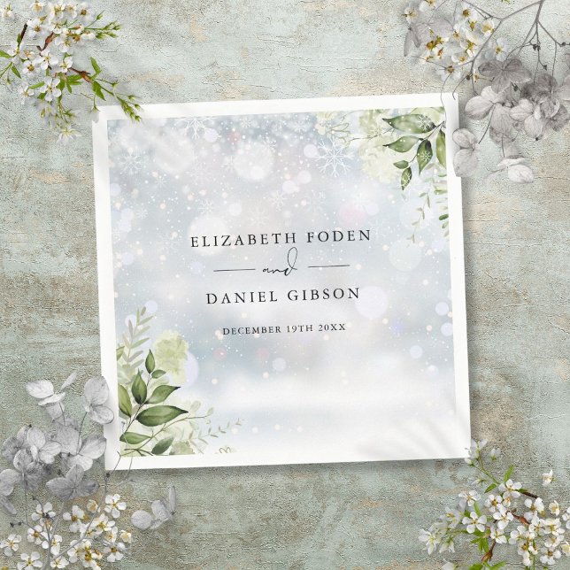 Guardanapo De Papel Flocos de neve de inverno de inverno com vegetação (Rustic Greenery Floral Winter Snowflakes Napkins)