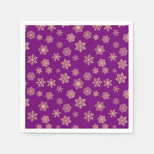Guardanapo De Papel Flocos de neve ouro sobre fundo roxo (Frente)