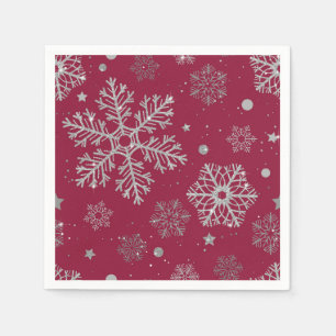 Guardanapo De Papel Flocos de neve prateados em vermelho escuro