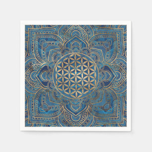 Guardanapo De Papel Flor da vida em Lotus - mármore azul e Dourado