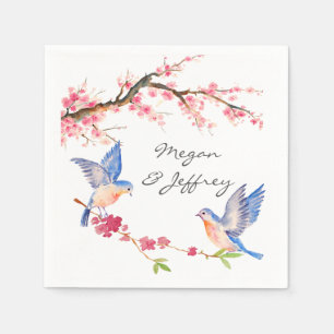 Guardanapo De Papel Flor de cerejeira da aguarela com BlueBirds