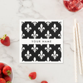 Guardanapo De Papel Flor de Lis, Branco sobre Preto, Branco, Seu Nome