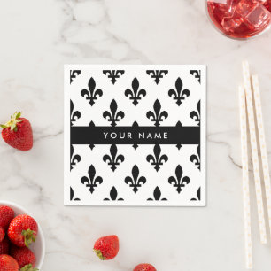 Guardanapo De Papel Flor de Lis, Preto sobre Branco, Preto, Seu Nome