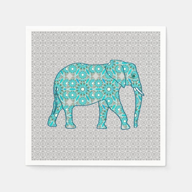 Guardanapo De Papel Flor de mandala elefante - turquesa, cinza e branc (Frente)