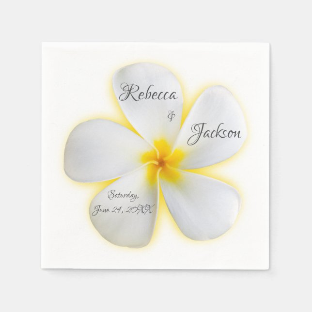 Guardanapo De Papel Flor de Plumeria Branca com Amarelo, Casamento, Na (Frente)