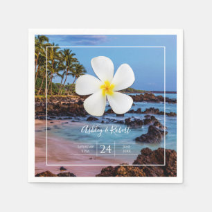 Guardanapo De Papel Flor de Plumeria Branca com Praia Tropical,