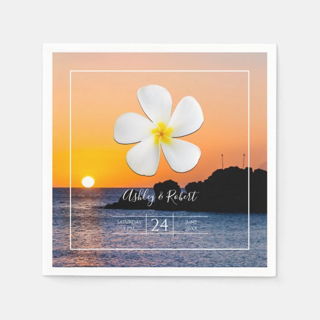 Guardanapo De Papel Flor de Plumeria Branca com Sunset de Ouro, (Frente)