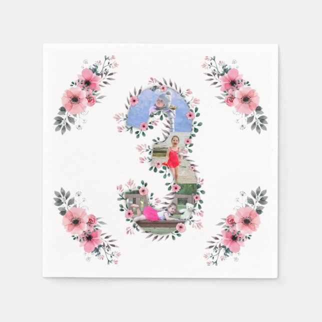 Guardanapo De Papel Flor rosa de colagem de fotos de aniversário de 3  (Frente)