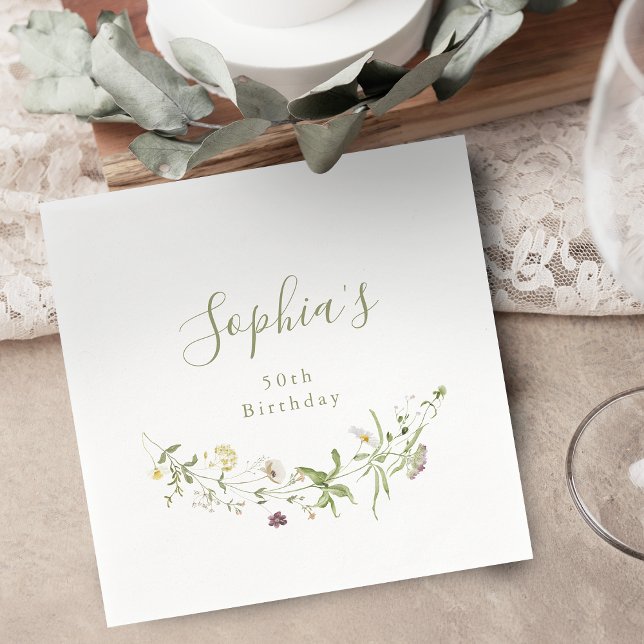 Guardanapo De Papel Flor Silvestre Verde Sálvia Rustico Boho Aniversár (Sage Green Wildflower Rustic Boho Any Age Birthday Napkins)