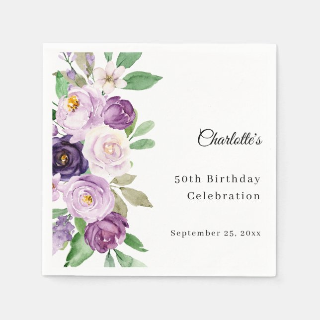 Guardanapo De Papel Florais de violeta roxa de aniversário (Frente)