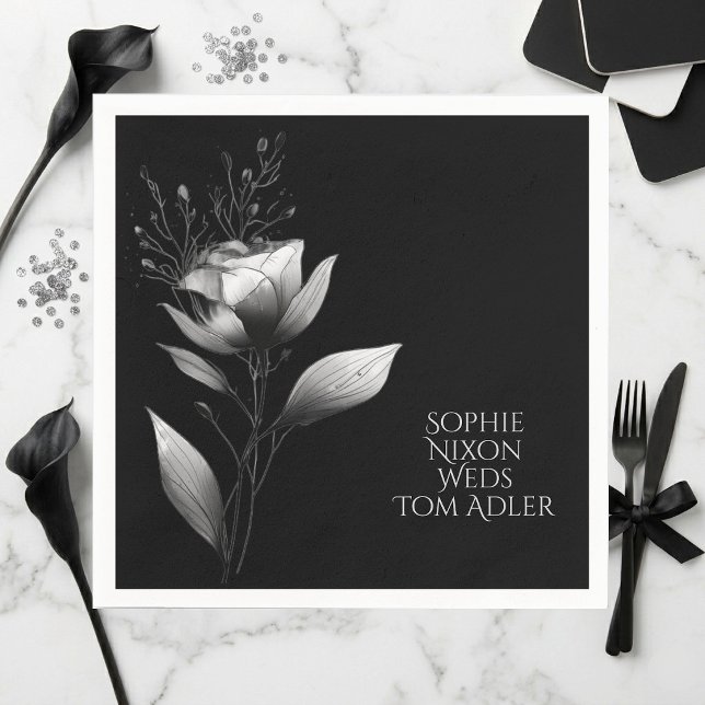 Guardanapo De Papel Florais Monocromáticos Elegantes Preto Branco Mini (Elegant Monochrome Florals Black White Minimalist Napkins)