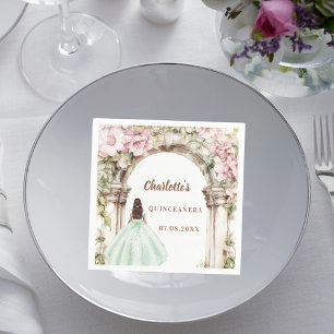 Guardanapo De Papel Florais rosa arquirem vestido verde Quinceanera
