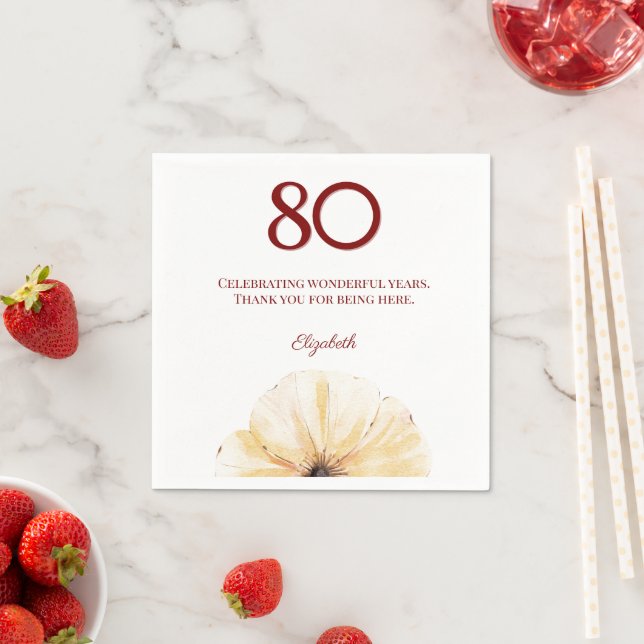 Guardanapo De Papel Floral 80th Birthday - Elegant Yellow Bloom Design (Insitu)