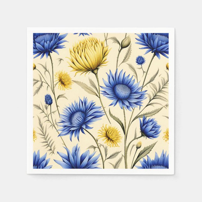 Guardanapo De Papel Floral Amarelo-Azul Elegante (Frente)