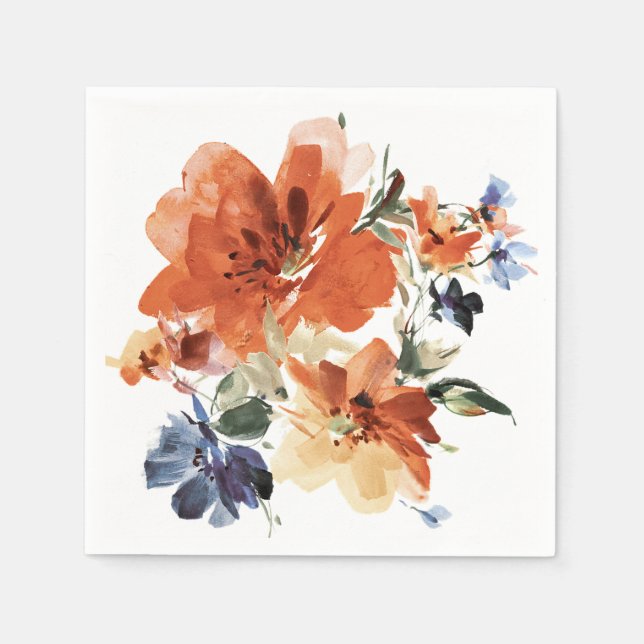 Guardanapo De Papel Floral aquarela laranja e azul (Frente)