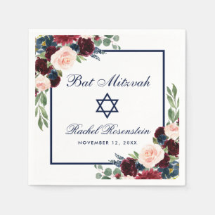 Guardanapo De Papel Floral azul de Mitzvah Borgonha do bastão