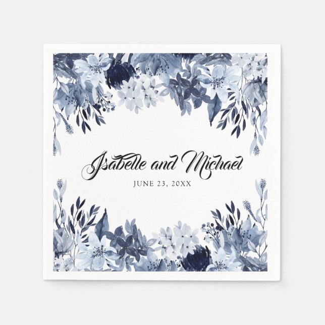 Guardanapo De Papel Floral Azul Elegante Personalizado (Frente)