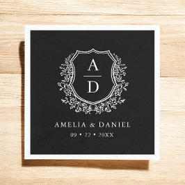 Guardanapo De Papel Floral Black White Crest Monograma de Casamento