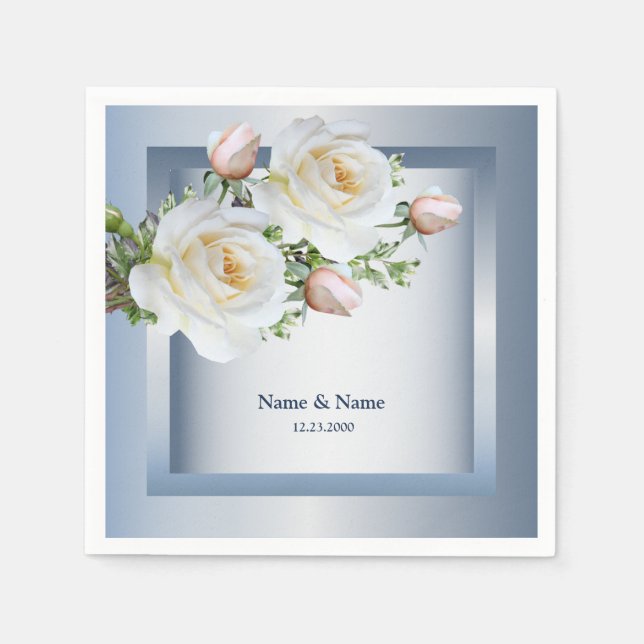 Guardanapo De Papel Floral Branco Elegante Cinza Azul (Frente)
