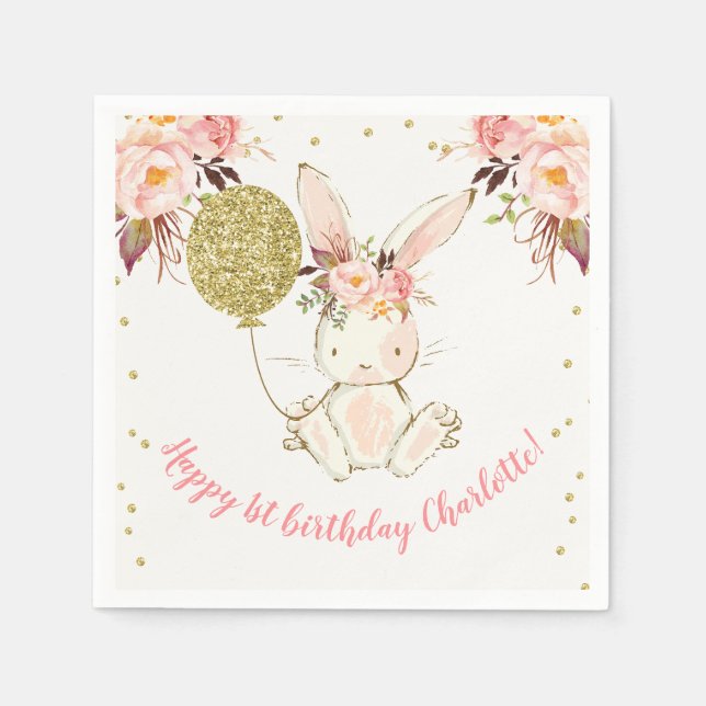 Guardanapo De Papel Floral Bunny Happy Birthday Paper Napkin (Frente)