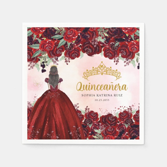 Guardanapo De Papel Floral Burgundy Dourada Princesa Quinceanera (Frente)