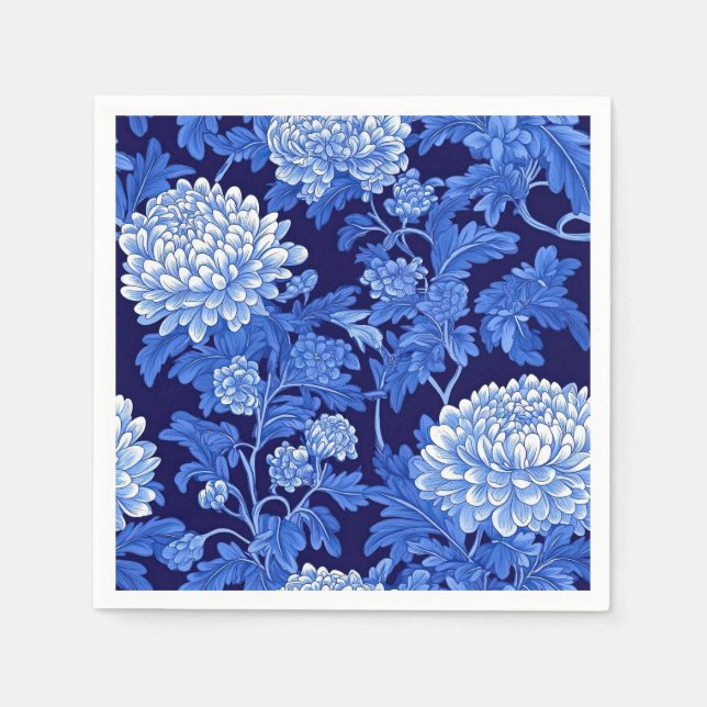 Guardanapo De Papel Floral de Chinoiserie Azul no Fundo Negro (Frente)