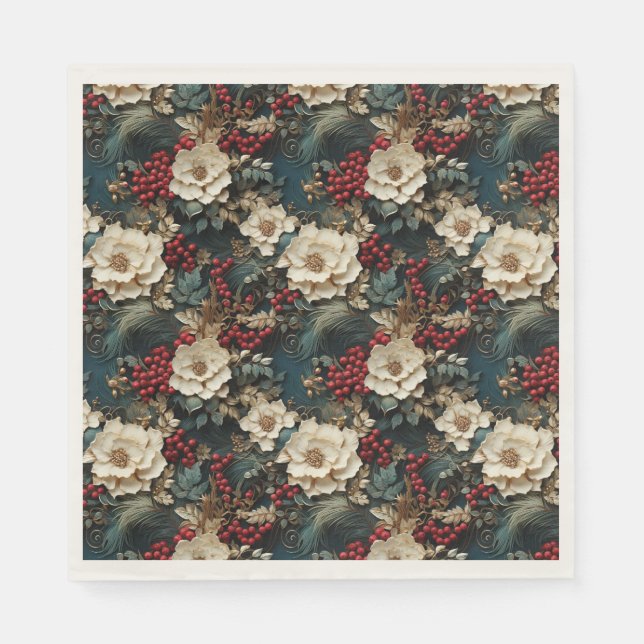 Guardanapo De Papel Floral de Natal com Flores Brancas e Verde (Frente)