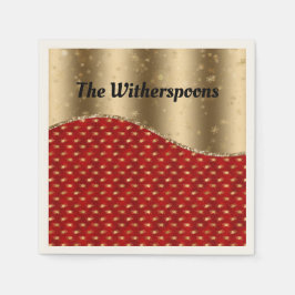 Guardanapo De Papel Floral de Natal Vermelho com Friso e Nome Dourados