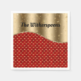 Guardanapo De Papel Floral de Natal Vermelho com Friso e Nome Dourados