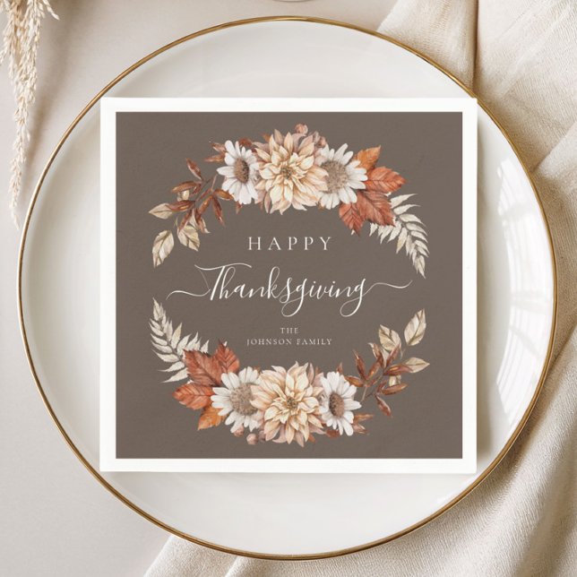 Guardanapo De Papel Floral de Outono Marrom Rústico Feliz Dia de Ação  (Rustic Brown Fall Floral Happy Thanksgiving Napkins)