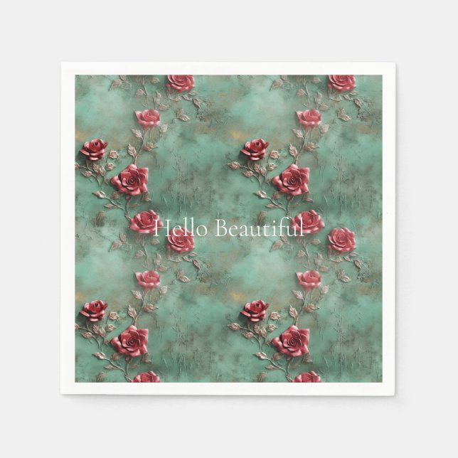 Guardanapo De Papel Floral de Rosas vermelhas Verdes (Frente)