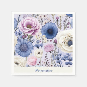 Guardanapo De Papel Floral do Jardim Flor Branco Azul-Lavanda Elegante