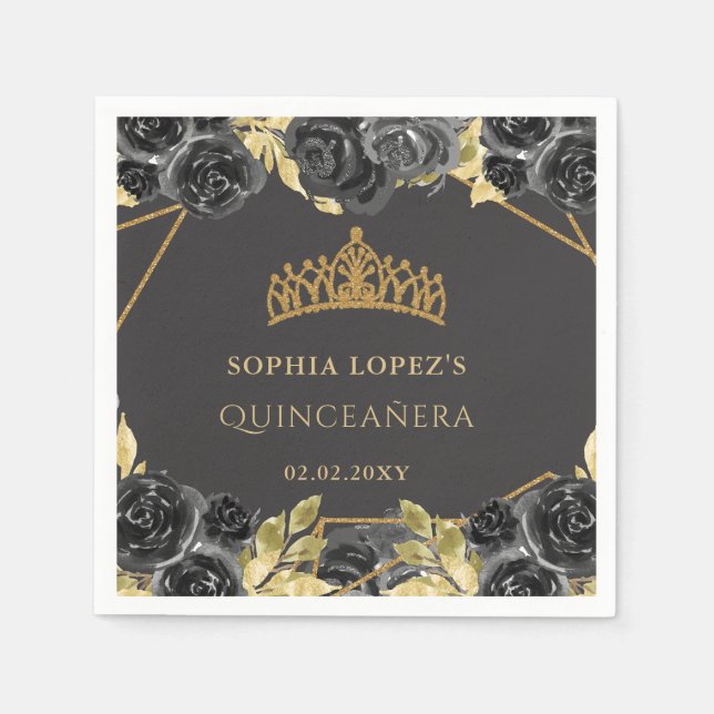 Guardanapo De Papel Floral Dourada Elegante Tiara Quinceanera (Frente)