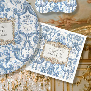 Guardanapo De Papel Floral Elegante Antigo Azul e Branco Dourado Noiva