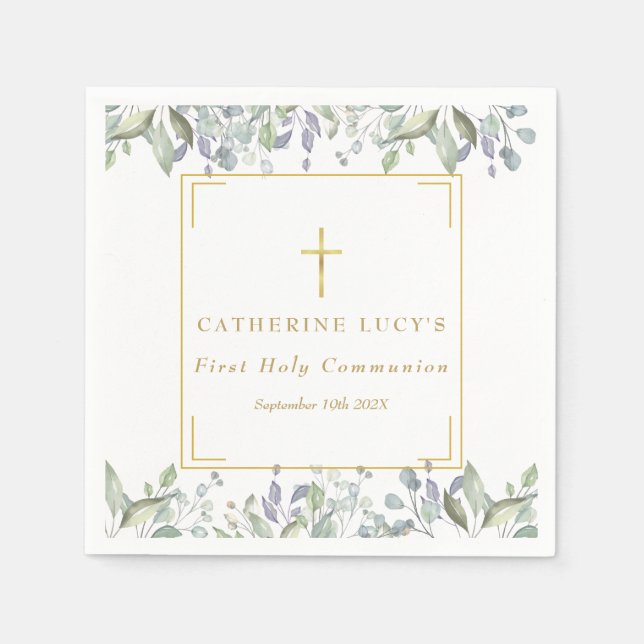 Guardanapo De Papel Floral Elegante Dourada Cruz Primeira Comunhão Sag (Frente)