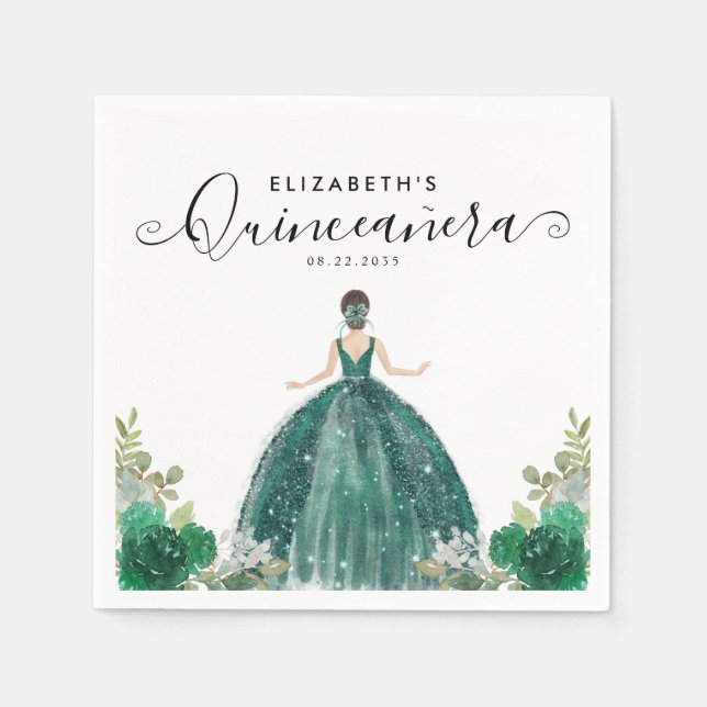 Guardanapo De Papel Floral Emerald Green Princess Dress Quinceanera (Frente)