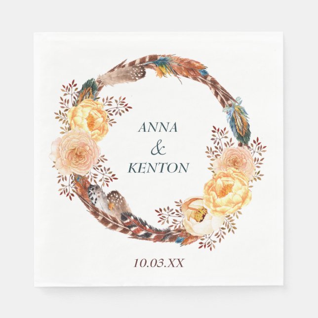 Guardanapo De Papel Floral Feather Wreath Wedding (Frente)